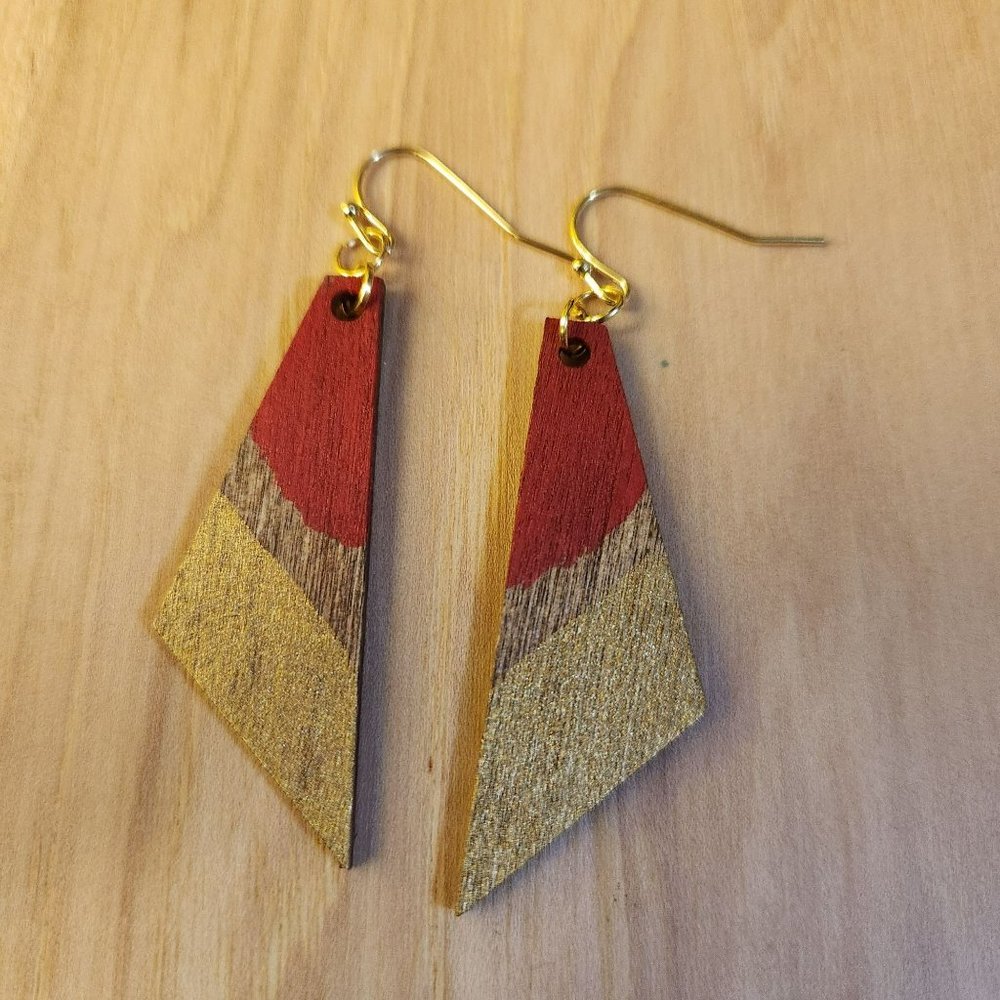 Red Gold Bohemian Tribal Dangle Wood Earrings - Picture 4 of 6
